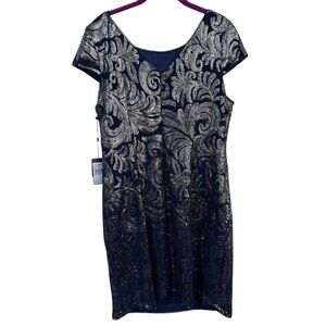 Adrianna Papell Navy Silver Beaded Gown Dress‎ Sz 14W Formal Evening Cocktail